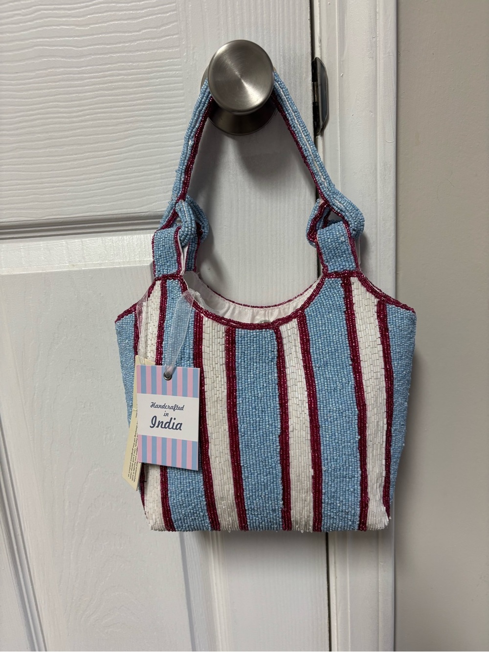 Handcrafted Blue & Maroon Striped Tote Bag